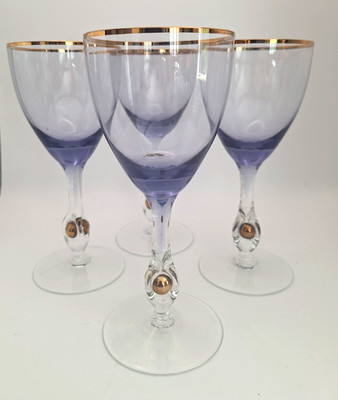 Stanik Zlata Zuzana Wine Glasses Amethyst Purple Gold Rim Czech MCM Set 4