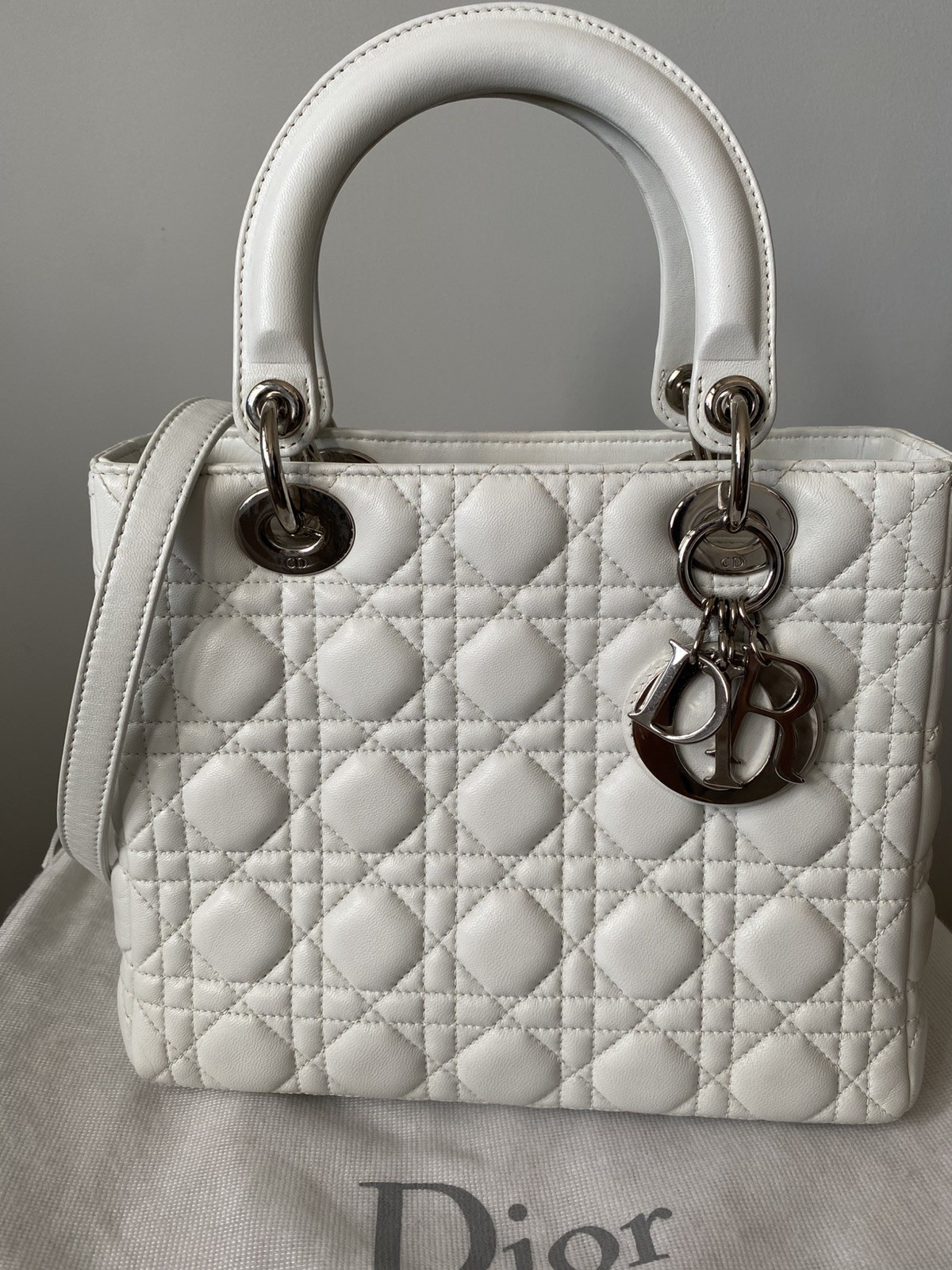 Lady Dior White Lambskin Silver Hardware medium bag Christian Dior