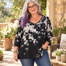 Cactus Bay Top Floral Studded USA Made 2X Black White Cherry Blossoms 100 Cotton