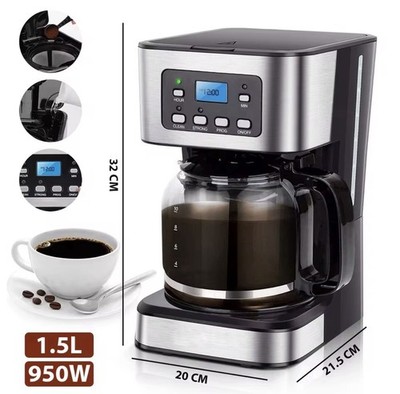 Coffee Maker with Timer, 900ml Glass Teapot, 950W 1.5L Filter Coffee Maker