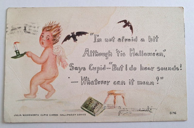 Vintage Halloween Postcard Cupid w/ Candle Reading Ghost Stories Julia Woodworth