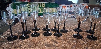 (14) Vintage Luminarc Wine & Champagne Glasses Black Stem France (5 Diff Sizes)
