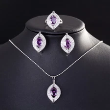 Purple Amethyst CZ Women Jewelry Leaf Pendant Necklace Earrings and Ring Set