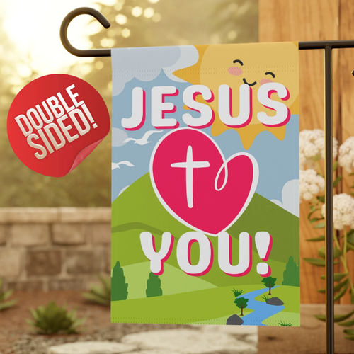 Jesus Loves You Flag, Christian Garden Flag Happy Face Sun Cute Heart With Cross - Picture 1 of 13