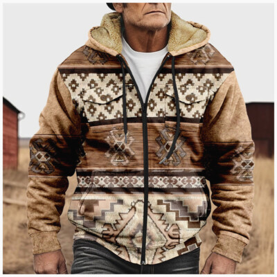 Men's Bohemian 3D Print Fleece Lined Hoodie Sweater Boho Graphic Zip Jacket 