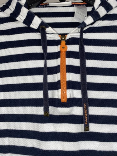 Liz Claiborne Navy White Striped Orange Hooded Sweatshirt Nautical Cotton Sz M - Picture 4 of 7