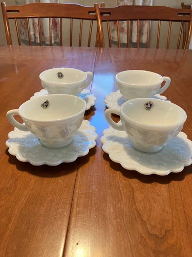 4 Westmoreland Milk Glass Grape Pattern Cups and Saucers w/sticker labels