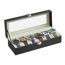 Songmics Watch Box/6 Slots/ Black/Glass Lid/ Elegant Beige Interior/ Metal Lock