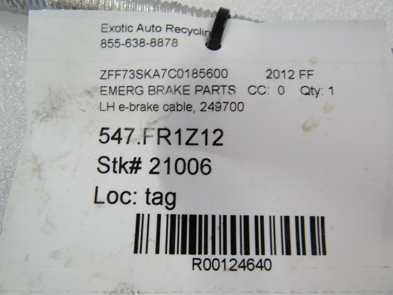 Ferrari FF, LH, Left, E-Brake Cable, Used, P/N 249700
