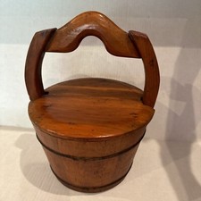 Antique Chinese Handled Wooden Bucket 2 Part Lid Signed Stamped