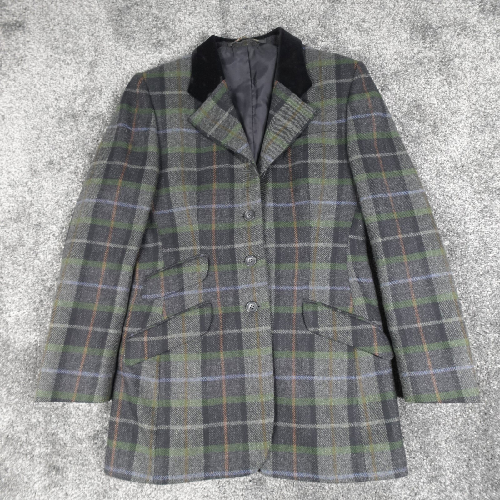 VINTAGE Daks Overcoat Womens 10 Green Check 100% Wool Blazer Singe Breasted
