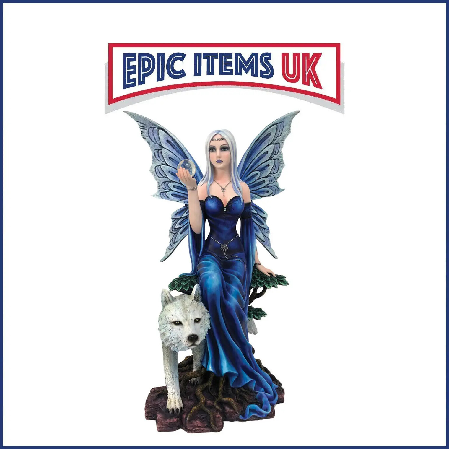 Nemesis Now Talanoa Blue Fairy and White Wolf Companion Figurine 49cm - IN STOCK