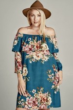 Oddi Floral Ruffle Off the Shoulder A-Line Tunic Dress Teal Plus 1XL - New!
