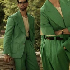 Completo lino uomo verde giacca monofila con collo a pizzo stile business estivo