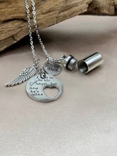 Cylinder Cremation Necklace for ashes Angel Wing Charm Locket Engravable