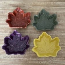 Four Bowls Celebrate It Orange, Green, Purple & Yellow Pottery Leaf Bowls 5.5”  
