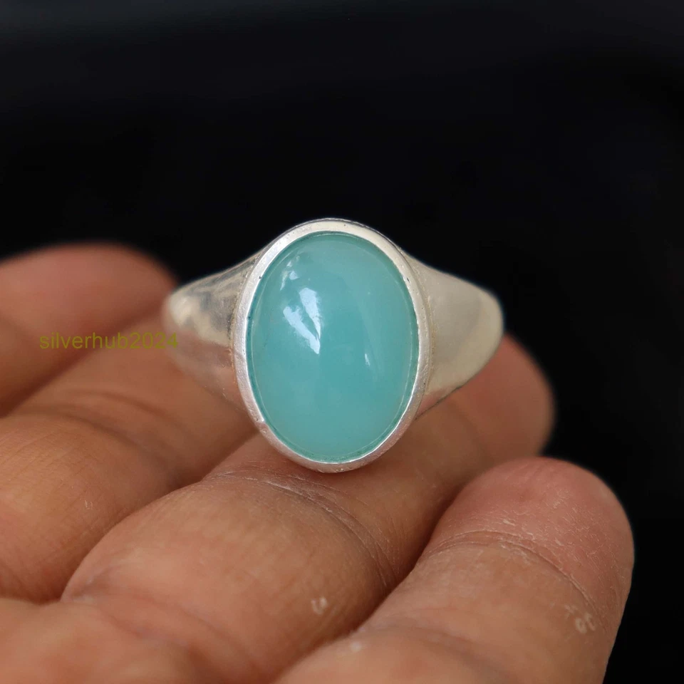 Anillo de piedras preciosas de calcedonia para hombre, anillo de plata maciza 925 todas las tallas SH85 Foto 4 de 4