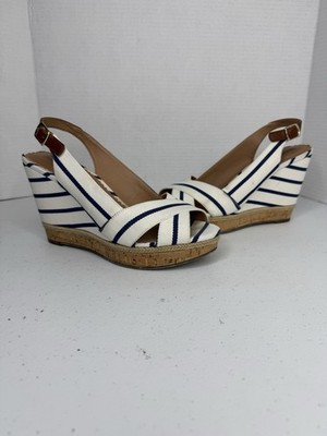 Coach And Four Striped Wedge Slingback Open Toe Heels White Blue Women's 8