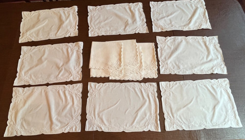 Vintage White Cotton Embroidered Napkin (7) And Placemat (8) Combined Set