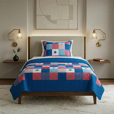 2-Piece Caroline Patriotic Quilt Set Microfiber Americana Stars and Plaid Patc