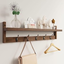 AMBIRD Wall Hooks with Shelf Wooden Coat Rack 5 Hooks Brown 73cm
