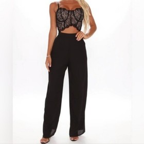 NWT Blashe Sz Medium Wide Leg Lace Cutout Pleated Black Nude Sleeveless Jumpsuit