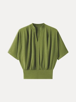 Women's Stand Collar V Neck Short Sleeve Knit Blouse Casual Top, Peri Green