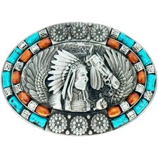 Turquoise Beaded Horse and Indian Warrior Western Belt Buckle Silver color