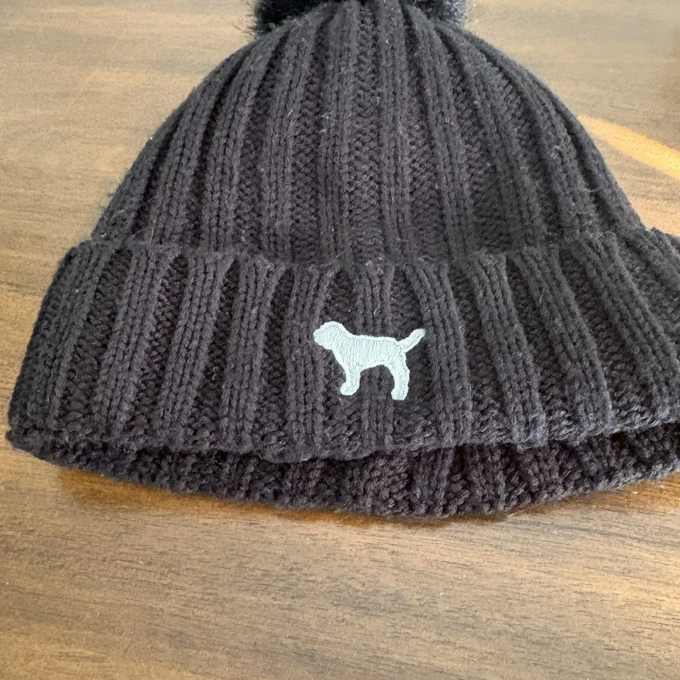 Victorias Secret Rosa Mujer’s Sombrero Negro Invierno Cálido Lindo Con Pom K5 Foto 2 de 4