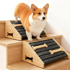 2-Pack Wooden Dog Ramp for Stairs - Natural Pine Wood Pet Step Ramp with Anti-Sl