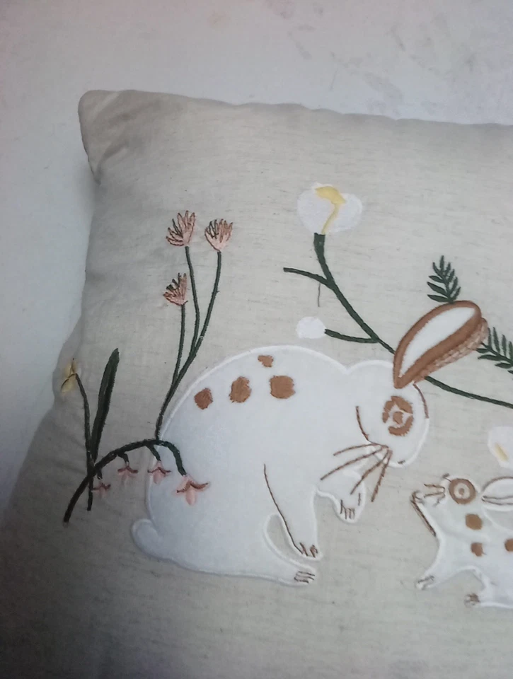 THRESHOLD Throw Pillow 18"X18" Rabbit, Bunny Mom & Baby, Flowers Embroidered - Image 2 of 4