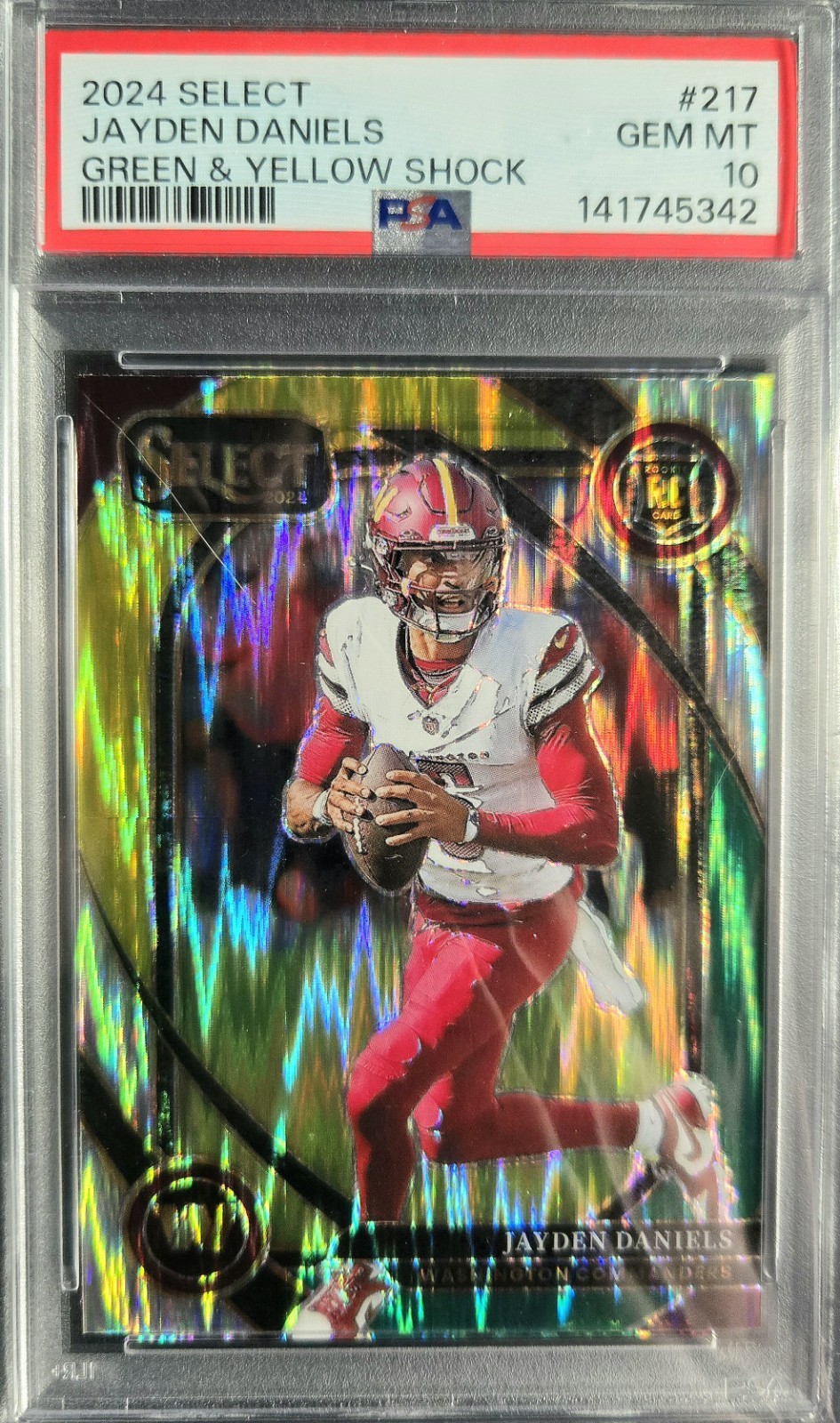 2024 Select Jayden Daniels Rookie Green & Yellow Shock Gaded PSA 10 Commanders view 2