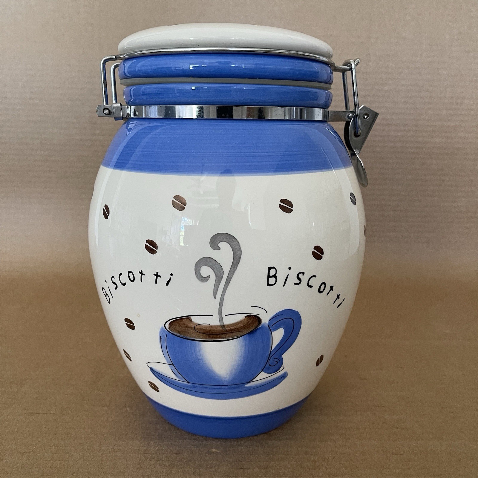 Ceramic Nonni's Biscotti Cookie Jar With Clamp Lid Coffee Design Canister