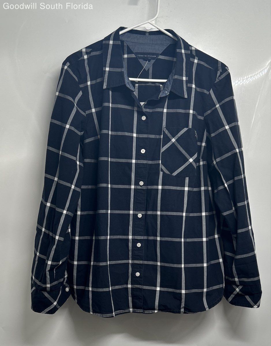 Tommy Hilfiger Womens Blue White Plaid Cotton Pockets Button-Up Shirt Size Large