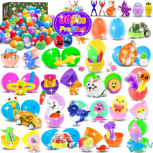80 Pack Prefilled Easter Eggs with Toys Inside, Plastic Fillers for...