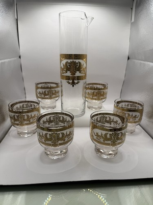 #ad Vintage Rare MCM Culver style Gold Filigree Cocktail Bar Set Decanter 6 glasses $119.00