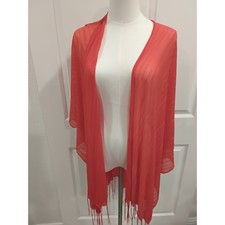 Sheer Coral Open Front Kimono Cardigan Fringe Lightweight Flowy