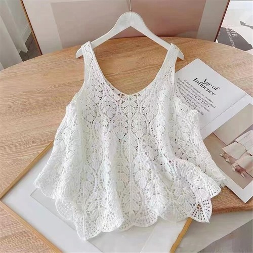 Women Summer Crochet Knit for Tank Top Vintage Floral Camisole Buttons Crop Card - Picture 5 of 10