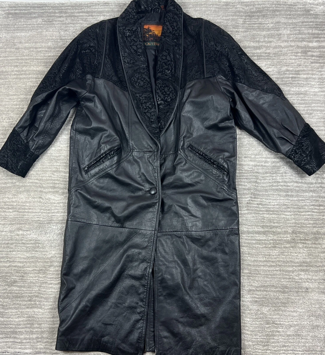 Vintage Outbrook Coat Petite Medium PM Black 100% Leather Jacket Long 90s Y2