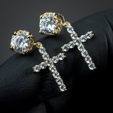 Small Vermeil Mens Iced Cz Stud Cross Drop Huggie Dangle Hoops Stud Earrings