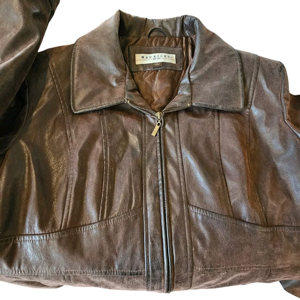 90s Womens Brown Vegan Faux Leather Jacket Distressed Babydoll Empire Waist - Image 2 of 4
