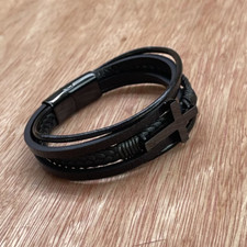 Men's Cross Leather Bracelet Stainless Steel Religion Christian Bless Bangle 1PC