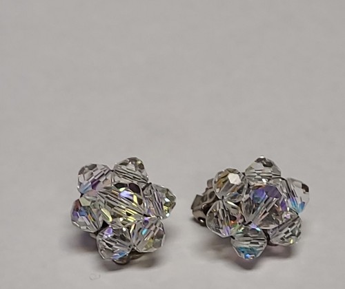Vintage Earrings glass Aurora Borealis Crystal cluster clip-on
