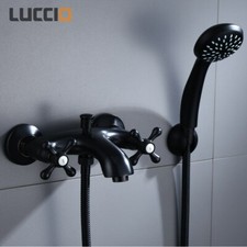 ZXC Retro Wannen Bad Armatur Komplett Set Wandmischer mit Brause in Matt Schwarz