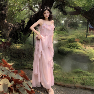 Lady Ruffle Long Dress Camisole Dress Mesh Tulle Fairy Spaghetti Sleeveless  Slim | eBay