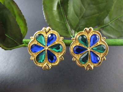 VINTAGE MASSIVE GREEN BLUE CLIP ON EARRINGS ER23