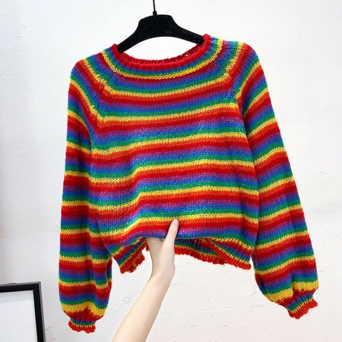 Lady Rainbow Striped Sweater Pullover 