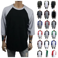 Men S-3XL T-Shirt Sports 3/4 Sleeve Baseball Raglan Crew Neck Jersey Plain Tee