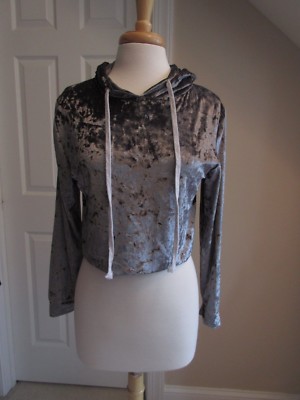 LS HOODIE CROP TOP - Gray Velour - Romwe - Junior - Medium