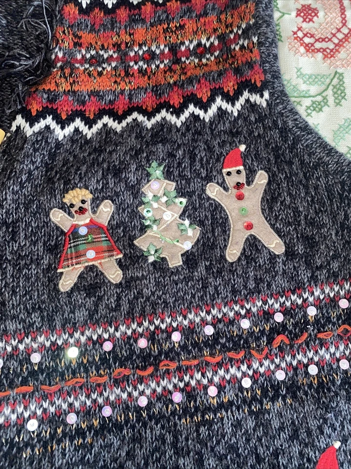 Chaleco Suéter Navidad Vintage Años 90 Talla XL Bordado Árbol Pan de Jengibre Feo Swe Foto 3 de 4